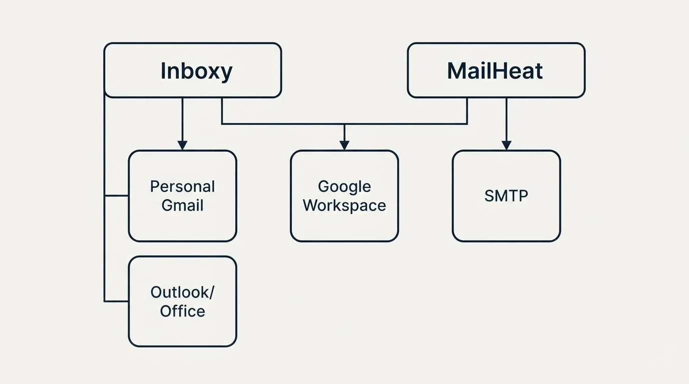 Integration grid: Integration Ecosystem (Inboxy, MailHeat, Google Workspace, Personal Gmail)