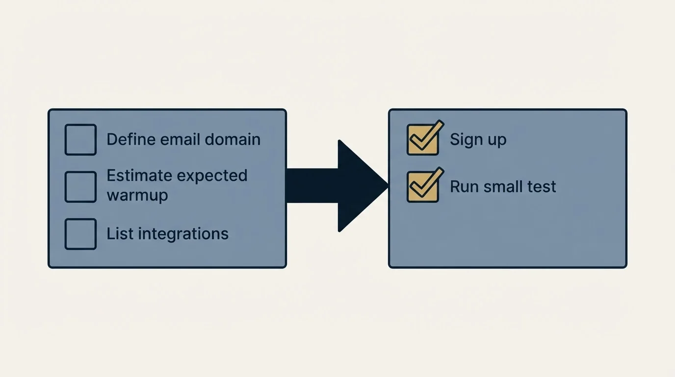 Before-and-after steps: Getting Started Checklist (Define email domain, Estimate expected warmup, List integrations, Sign up)