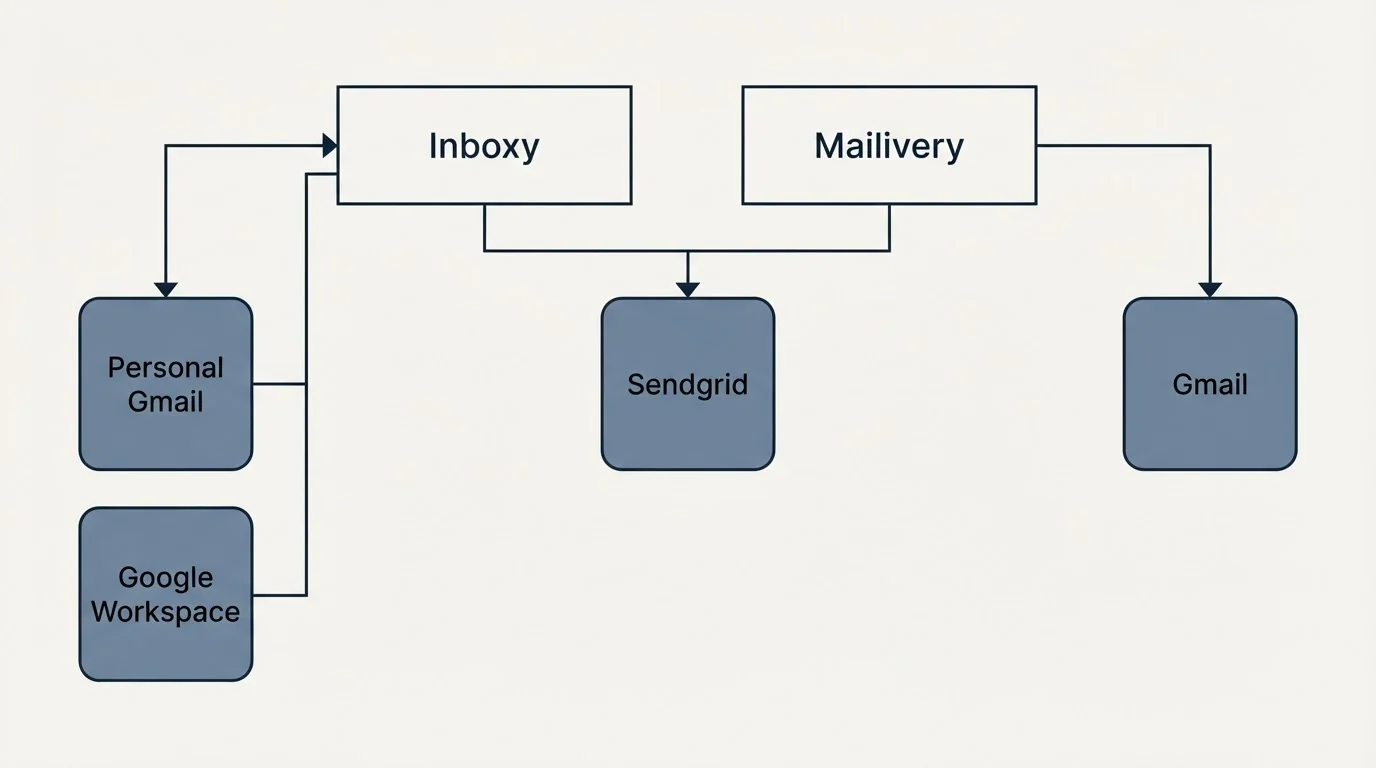 Integration grid: Integration Ecosystem (Inboxy, Mailivery, Sendgrid, Personal Gmail)