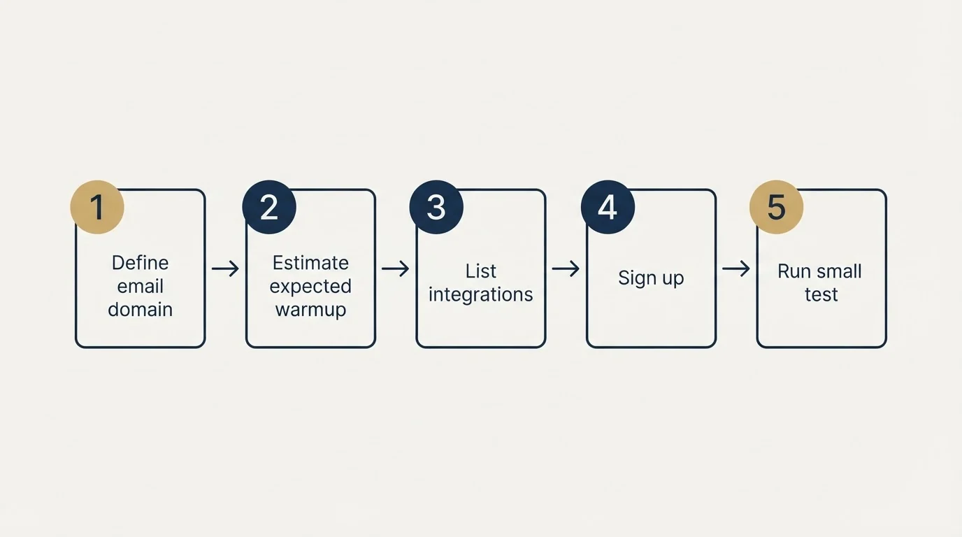 Step sequence: Getting Started Checklist (Define email domain, Estimate expected warmup, List integrations, Sign up)