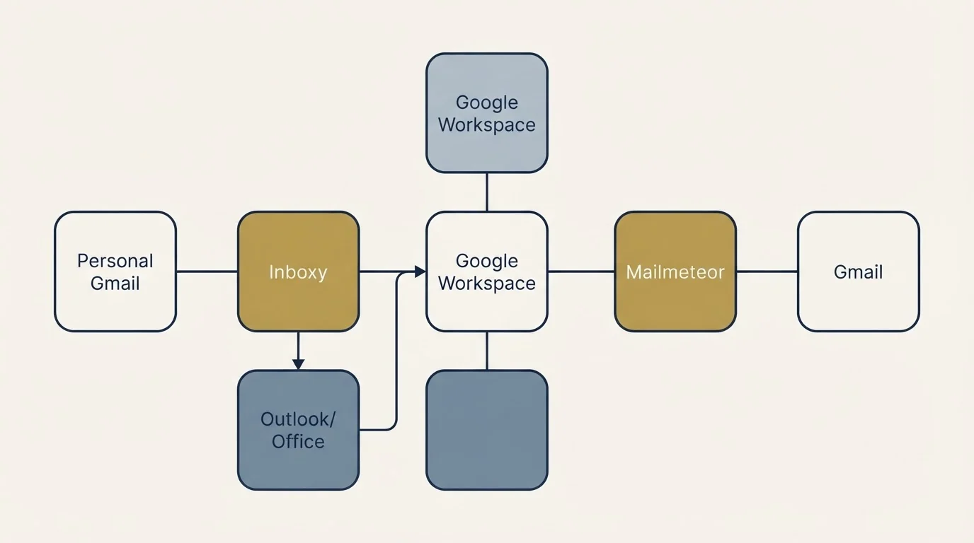 Integration flow: Integration Ecosystem (Inboxy, Mailmeteor, Google Workspace, Personal Gmail)