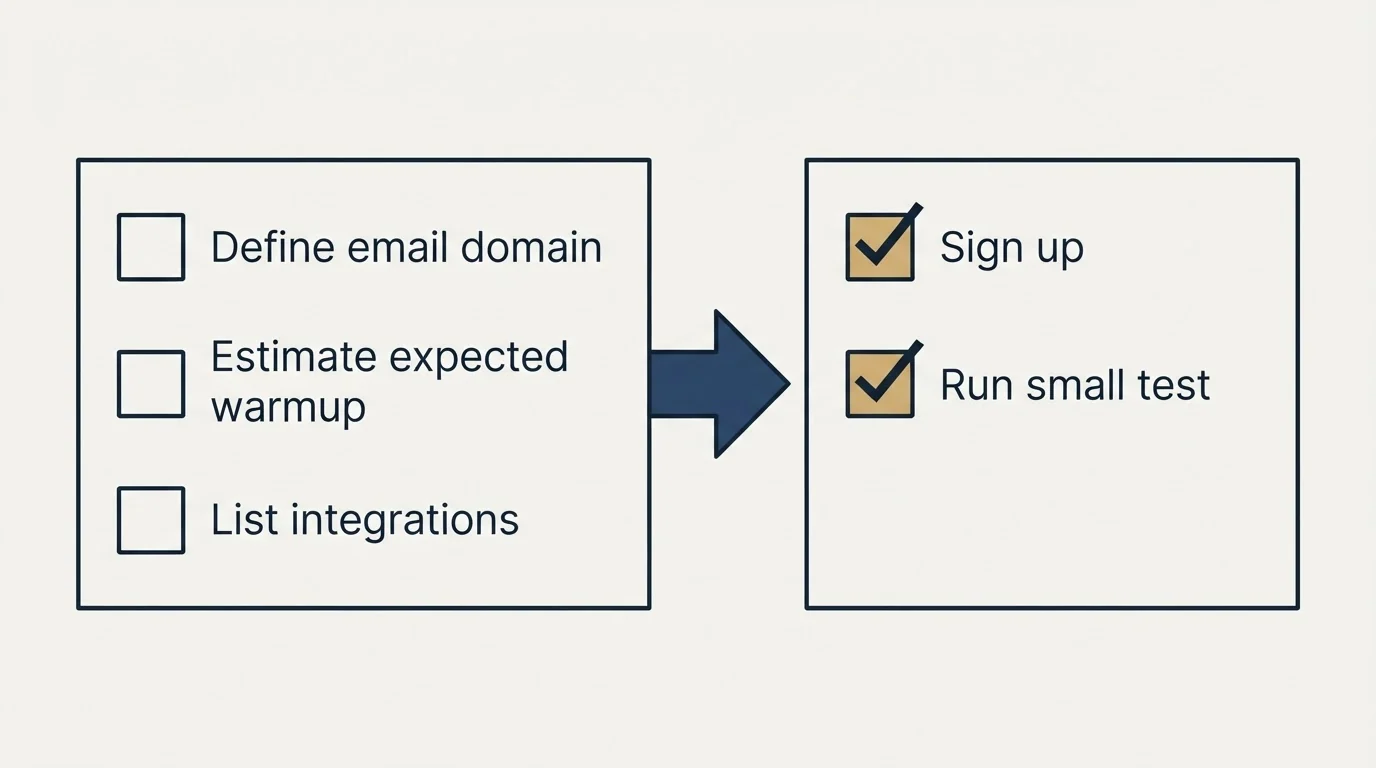 Before-and-after steps: Getting Started Checklist (Define email domain, Estimate expected warmup, List integrations, Sign up)