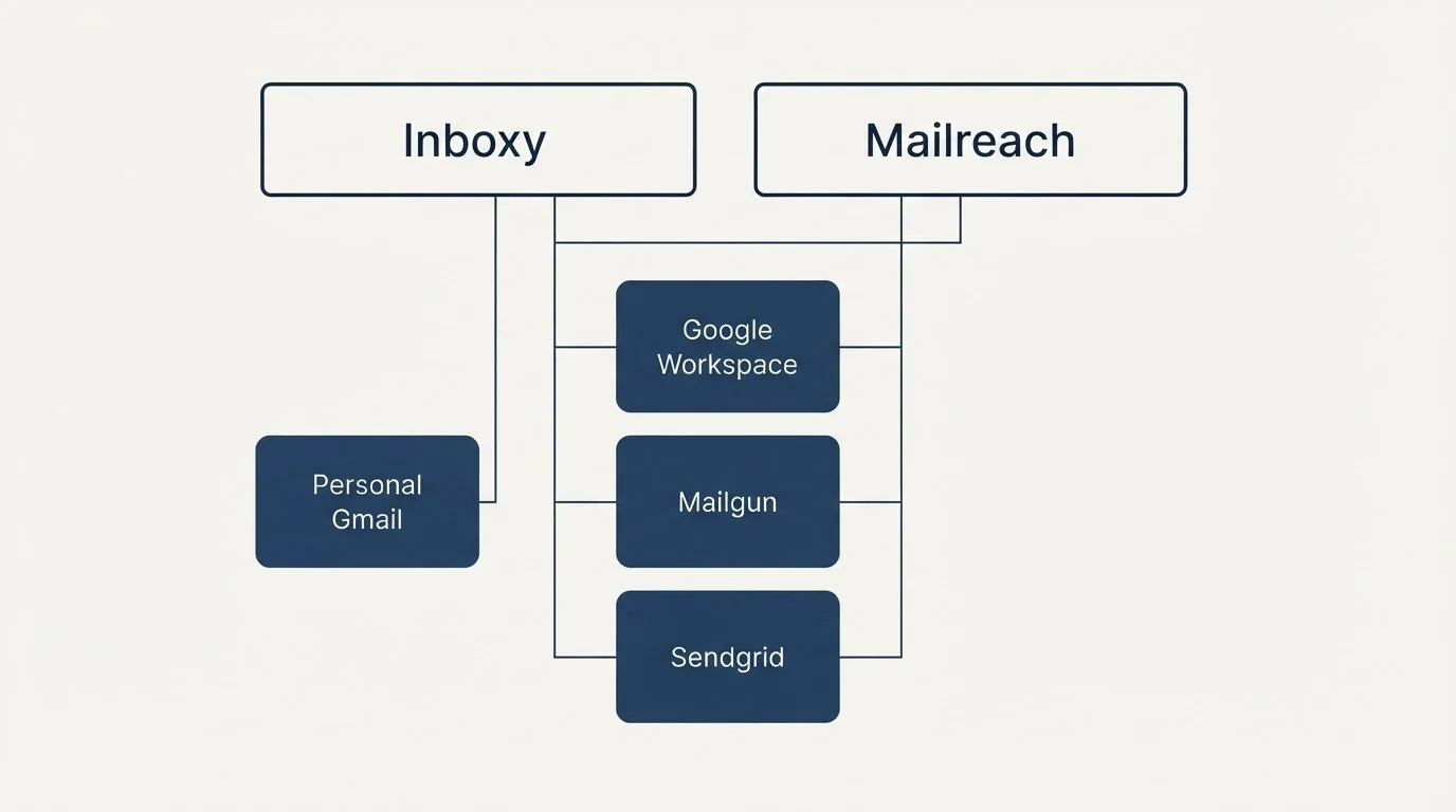 Integration grid: Integration Ecosystem (Inboxy, Mailreach, Google Workspace, Mailgun)