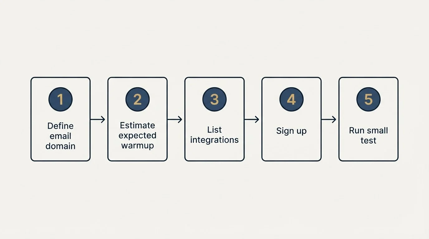 Step sequence: Getting Started Checklist (Define email domain, Estimate expected warmup, List integrations, Sign up)