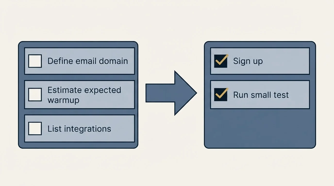 Before-and-after steps: Getting Started Checklist (Define email domain, Estimate expected warmup, List integrations, Sign up)