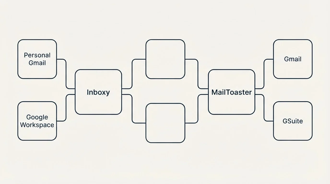 Integration schematic: Integration Ecosystem (Inboxy, MailToaster, Personal Gmail, Gmail)