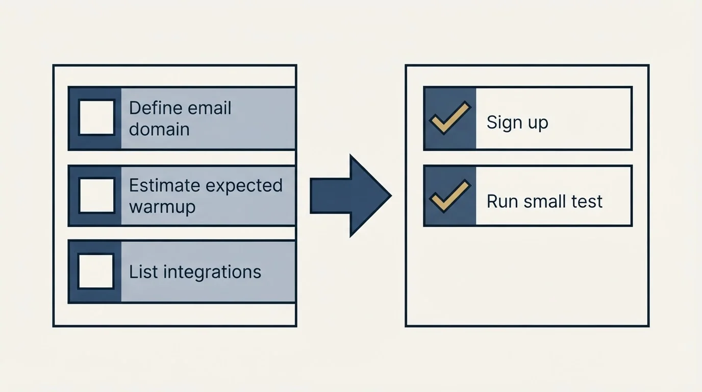 Before-and-after steps: Getting Started Checklist (Define email domain, Estimate expected warmup, List integrations, Sign up)