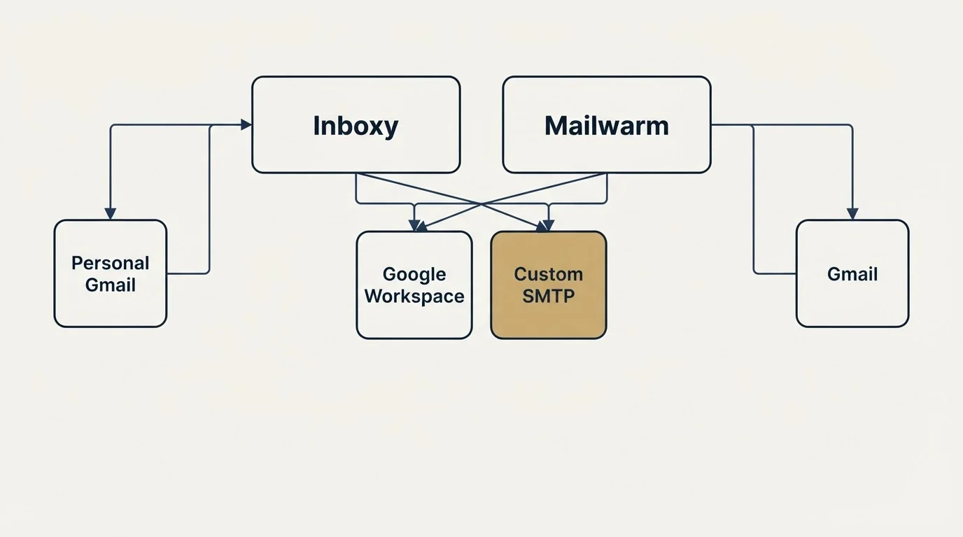 Integration grid: Integration Ecosystem (Inboxy, Mailwarm, Google Workspace, Custom SMTP)