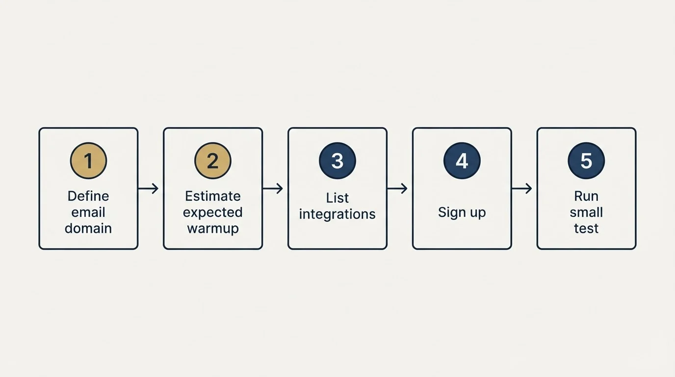 Step sequence: Getting Started Checklist (Define email domain, Estimate expected warmup, List integrations, Sign up)