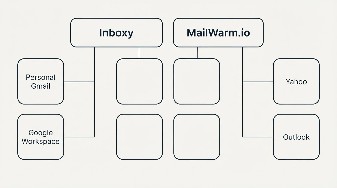 Integration grid: Integration Ecosystem (Inboxy, MailWarm.io, Personal Gmail, Yahoo)