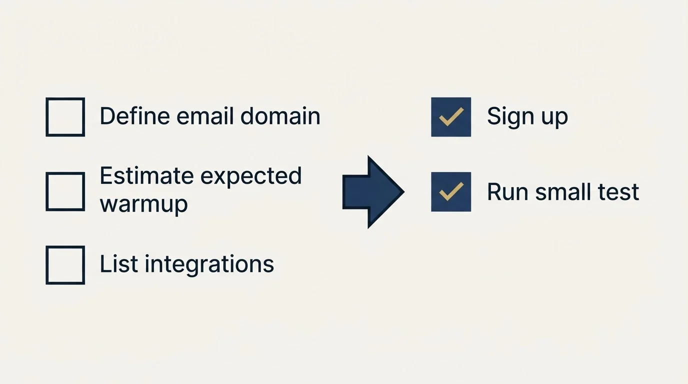 Before-and-after steps: Getting Started Checklist (Define email domain, Estimate expected warmup, List integrations, Sign up)