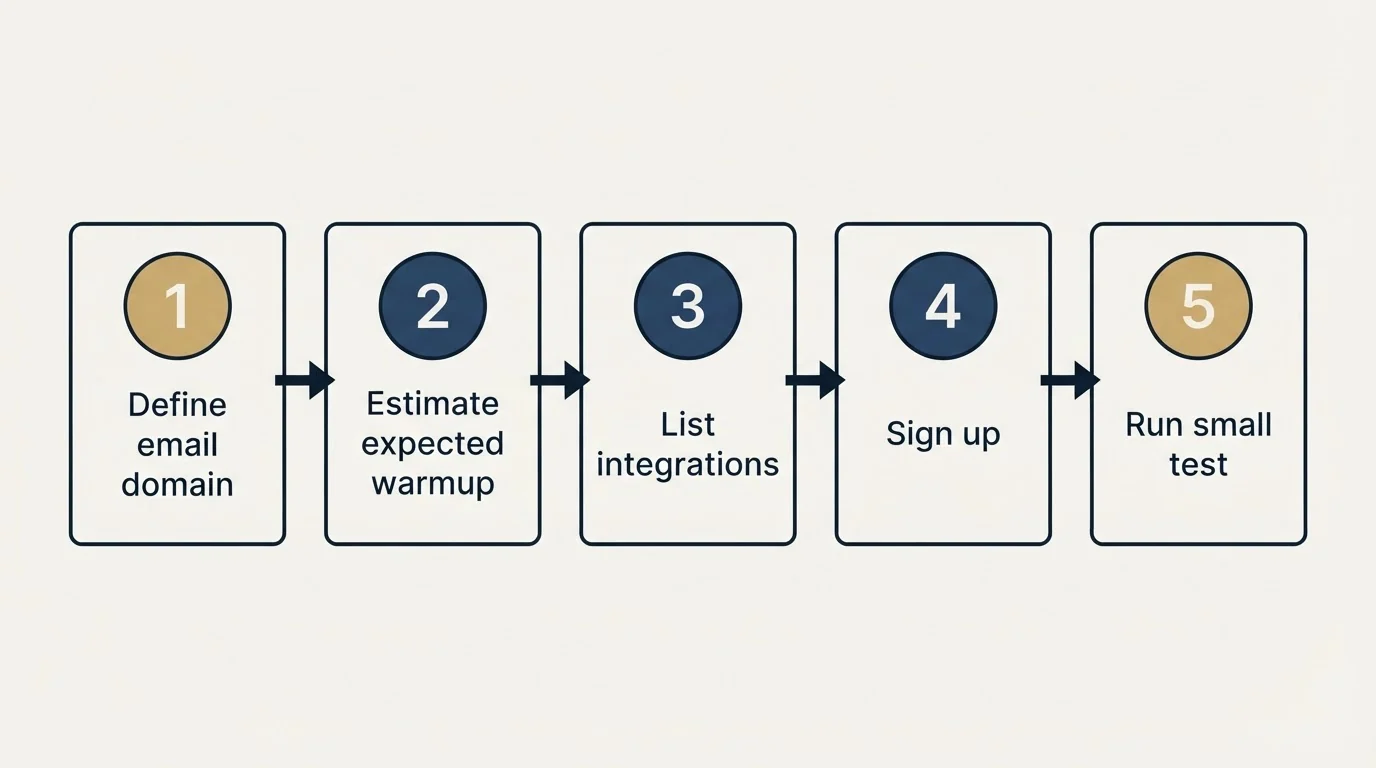 Step sequence: Getting Started Checklist (Define email domain, Estimate expected warmup, List integrations, Sign up)