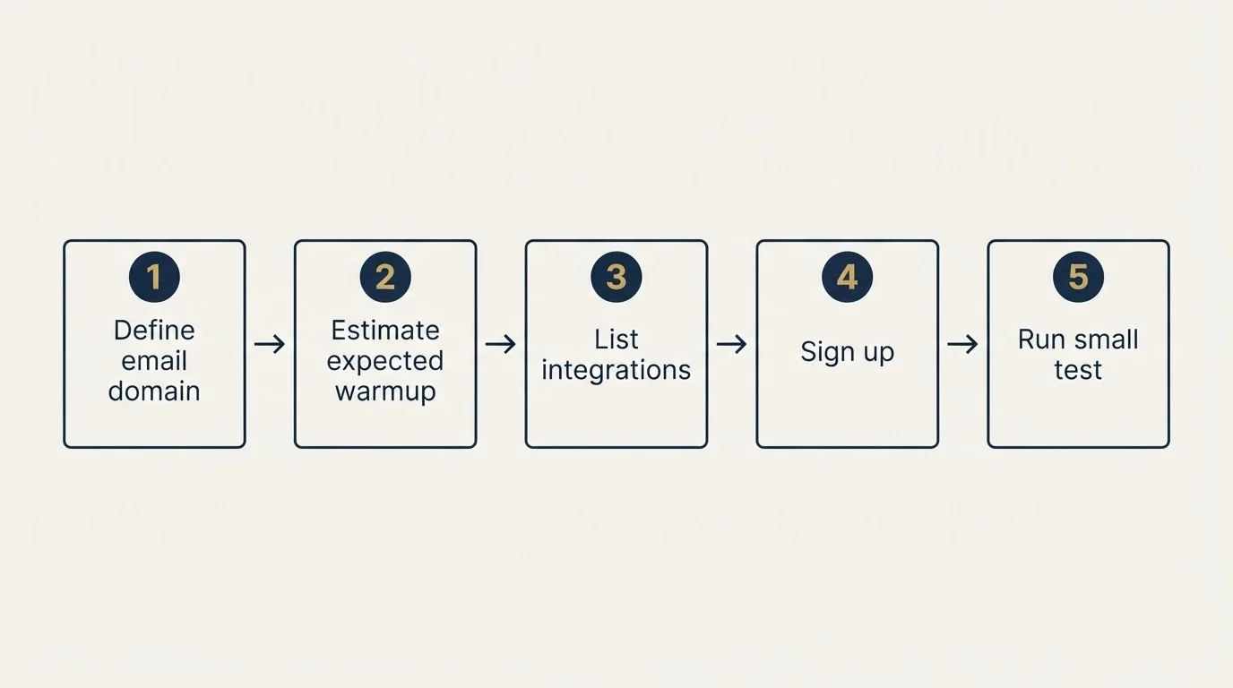 Step sequence: Getting Started Checklist (Define email domain, Estimate expected warmup, List integrations, Sign up)