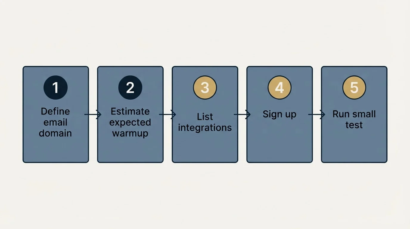 Step sequence: Getting Started Checklist (Define email domain, Estimate expected warmup, List integrations, Sign up)