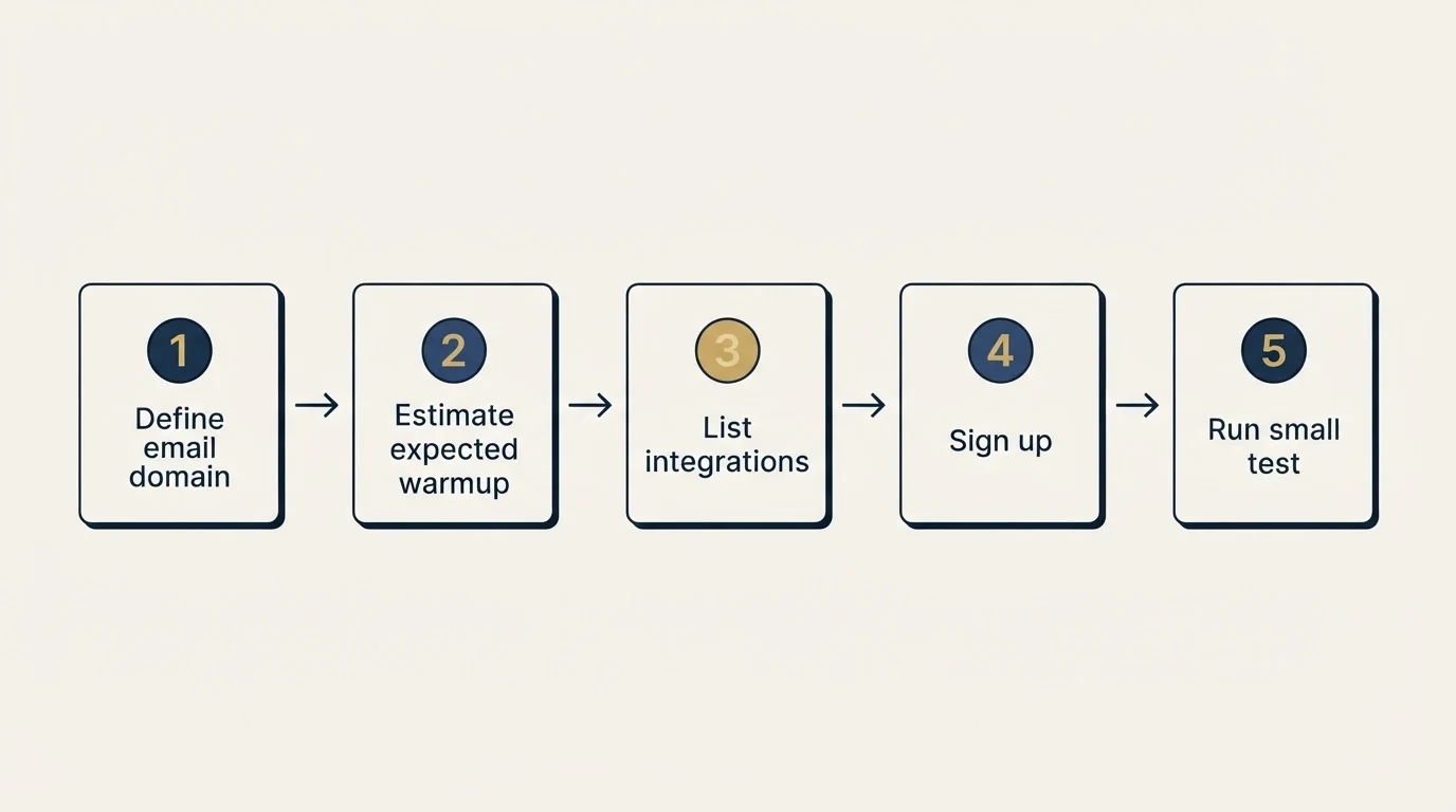 Step sequence: Getting Started Checklist (Define email domain, Estimate expected warmup, List integrations, Sign up)