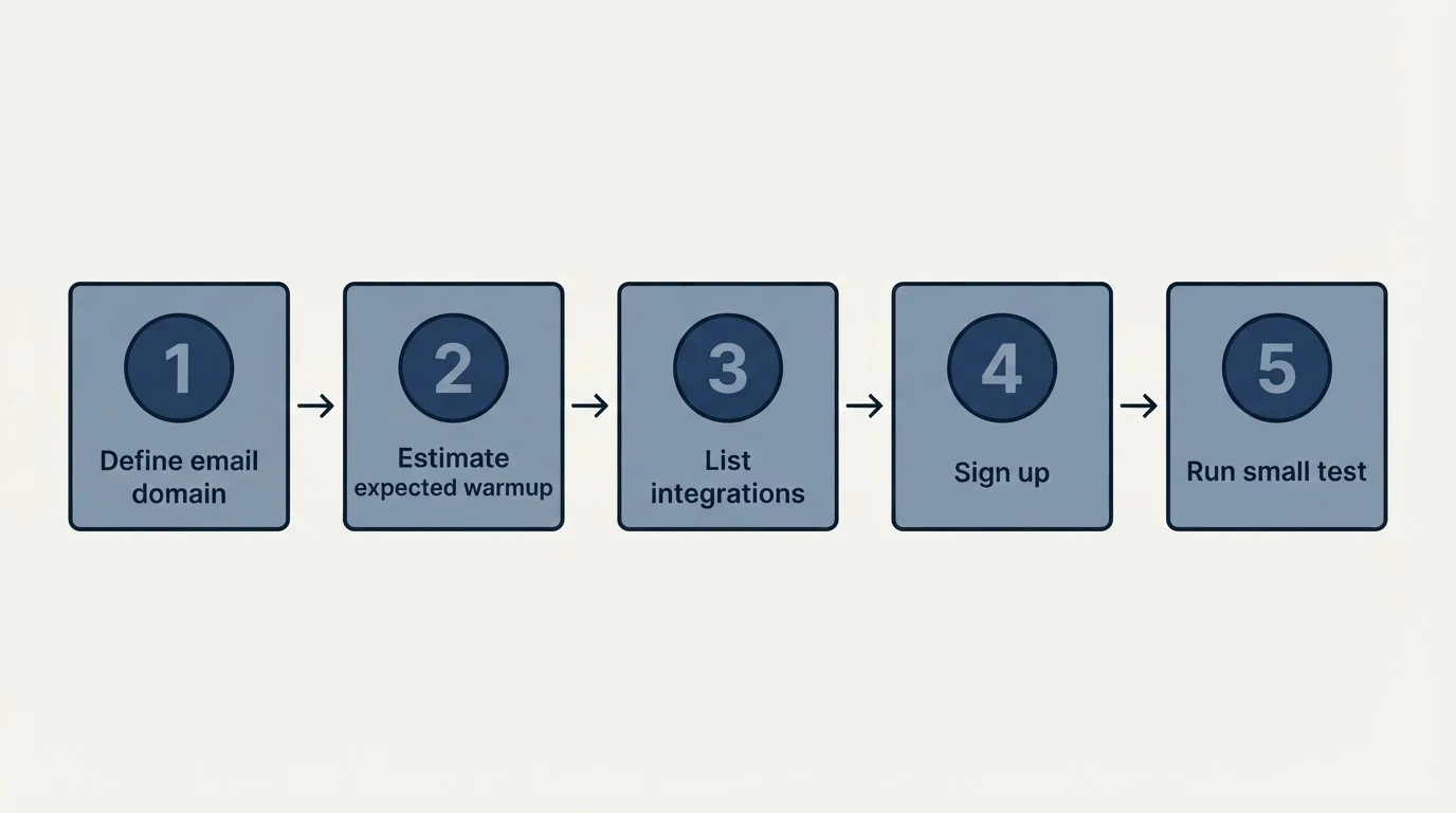 Step sequence: Getting Started Checklist (Define email domain, Estimate expected warmup, List integrations, Sign up)