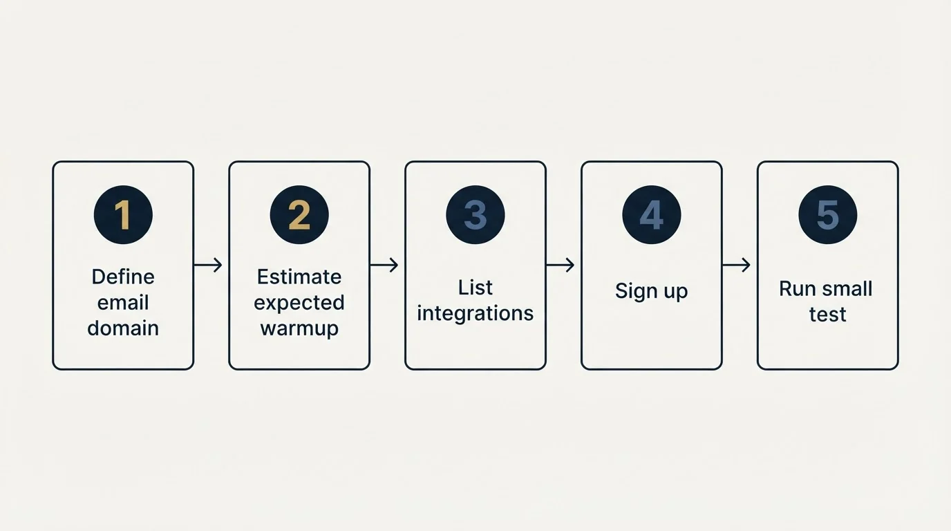 Step sequence: Getting Started Checklist (Define email domain, Estimate expected warmup, List integrations, Sign up)