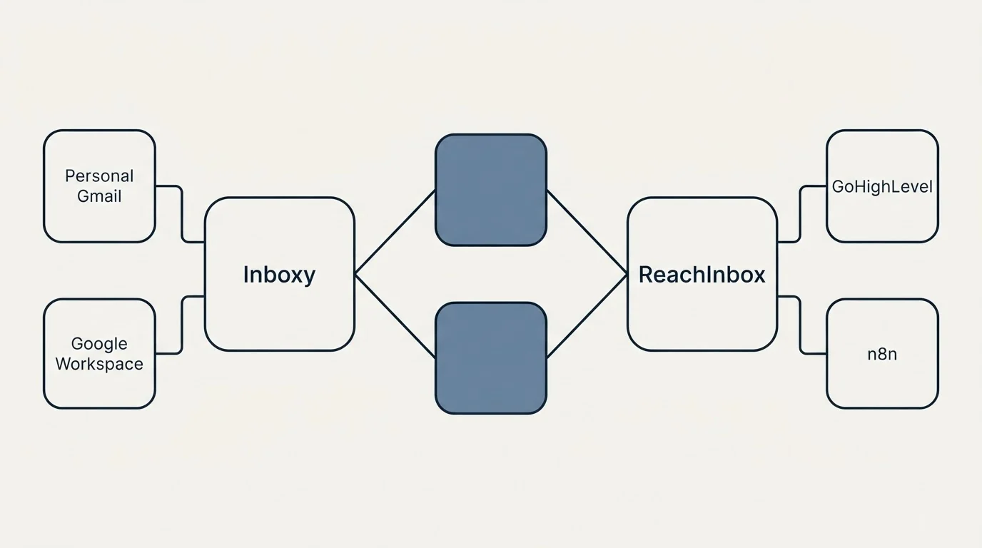 Integration schematic: Integration Ecosystem (Inboxy, ReachInbox, Personal Gmail, GoHighLevel)