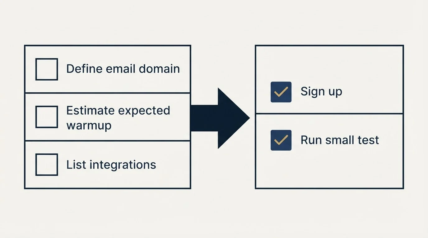 Before-and-after steps: Getting Started Checklist (Define email domain, Estimate expected warmup, List integrations, Sign up)
