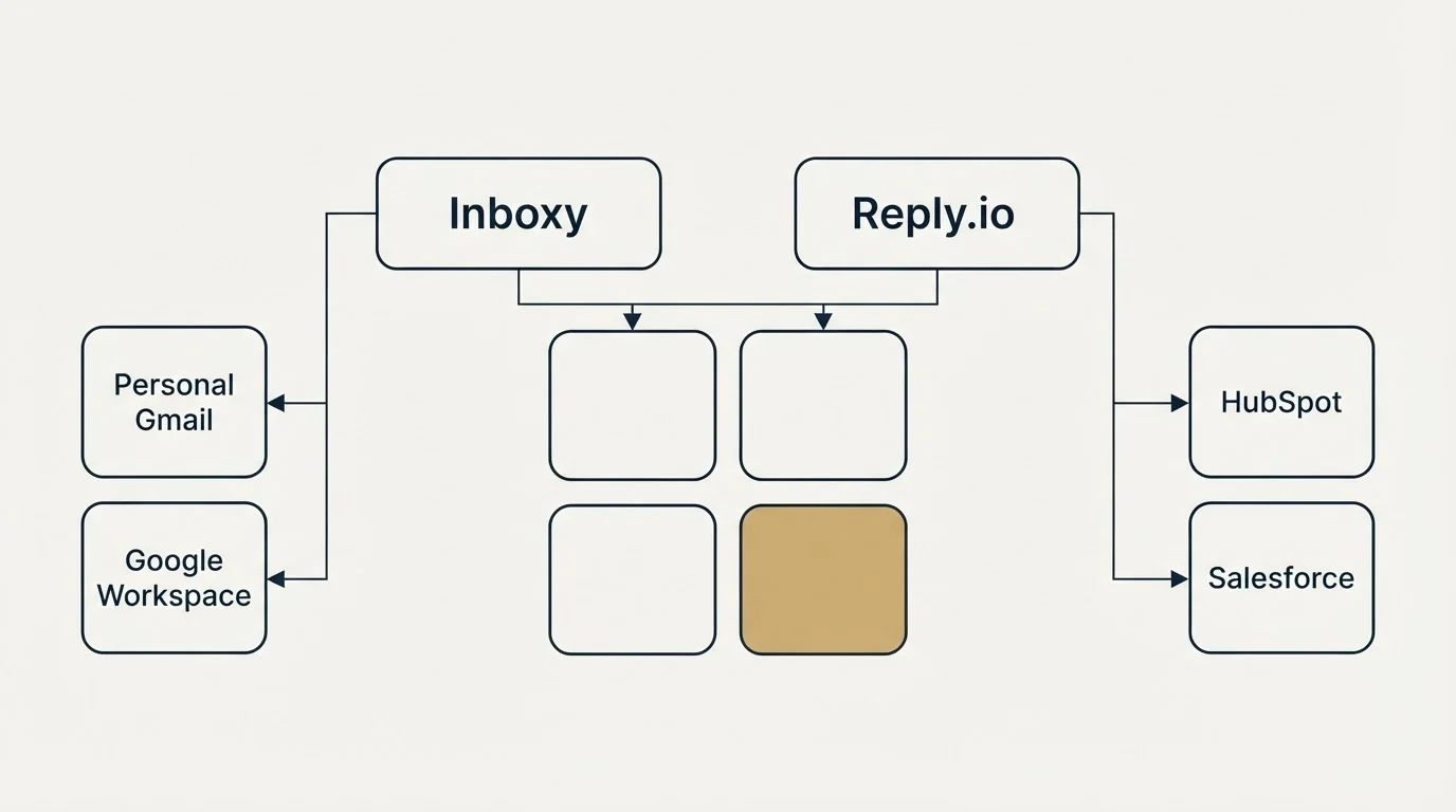 Integration grid: Integration Ecosystem (Inboxy, Reply.io, Personal Gmail, HubSpot)