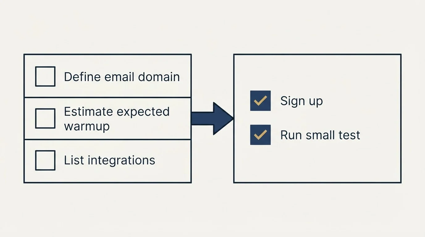 Before-and-after steps: Getting Started Checklist (Define email domain, Estimate expected warmup, List integrations, Sign up)