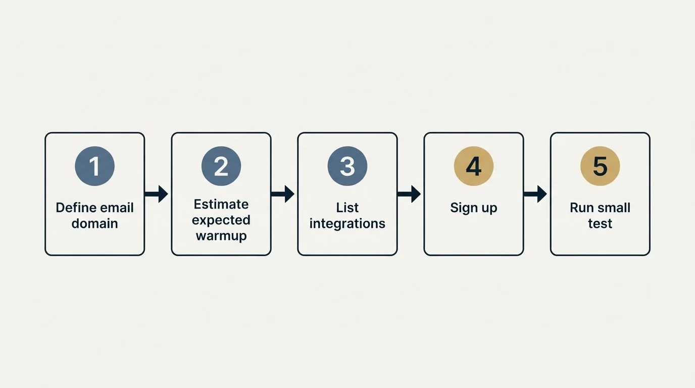 Step sequence: Getting Started Checklist (Define email domain, Estimate expected warmup, List integrations, Sign up)