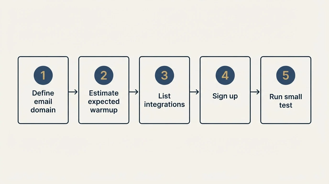 Step sequence: Getting Started Checklist (Define email domain, Estimate expected warmup, List integrations, Sign up)