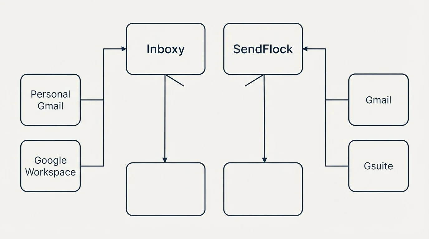 Integration grid: Integration Ecosystem (Inboxy, SendFlock, Personal Gmail, Gmail)