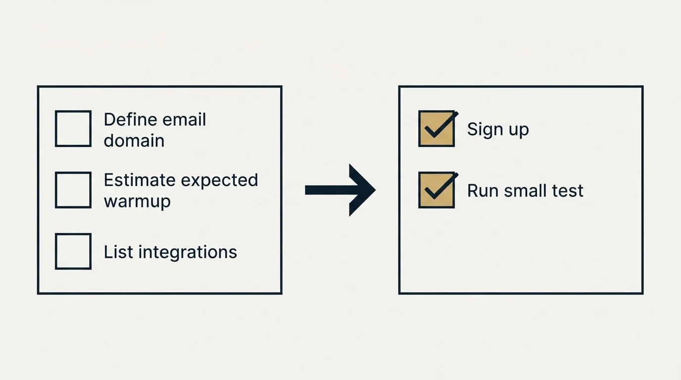 Before-and-after steps: Getting Started Checklist (Define email domain, Estimate expected warmup, List integrations, Sign up)