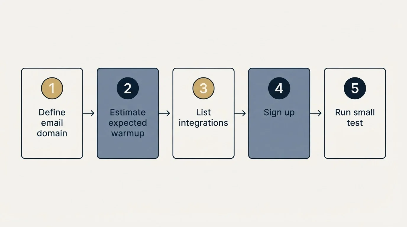 Step sequence: Getting Started Checklist (Define email domain, Estimate expected warmup, List integrations, Sign up)