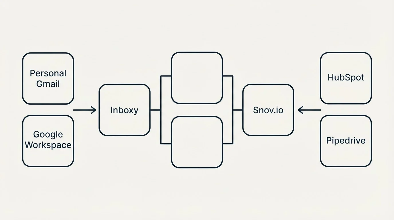 Integration flow: Integration Ecosystem (Inboxy, Snov.io, Personal Gmail, HubSpot)