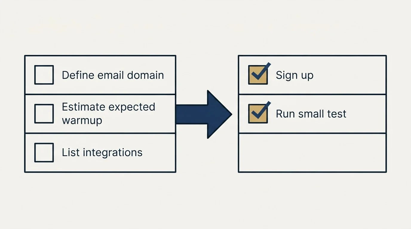 Before-and-after steps: Getting Started Checklist (Define email domain, Estimate expected warmup, List integrations, Sign up)