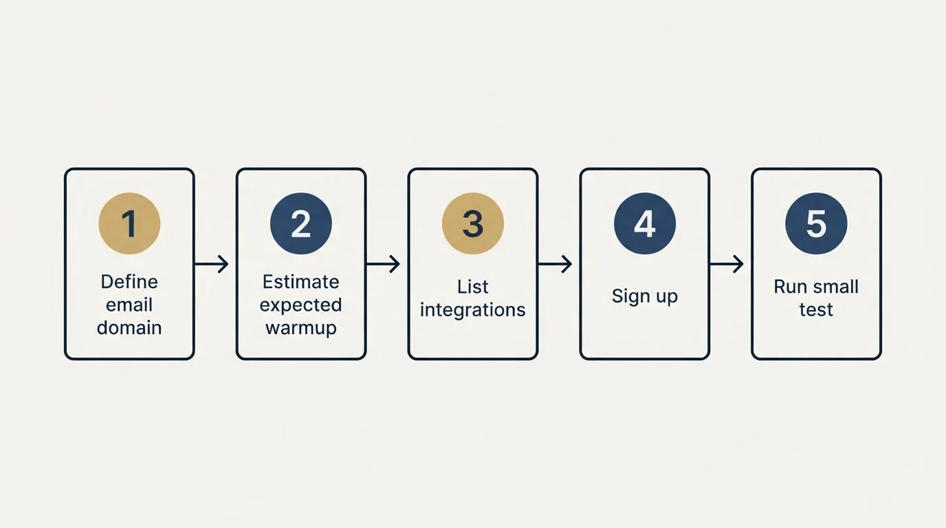 Step sequence: Getting Started Checklist (Define email domain, Estimate expected warmup, List integrations, Sign up)