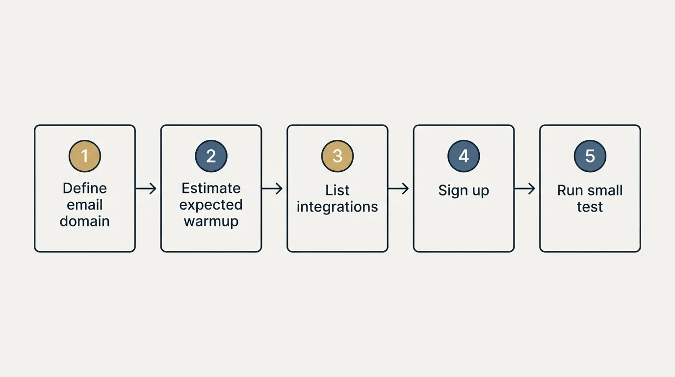 Step sequence: Getting Started Checklist (Define email domain, Estimate expected warmup, List integrations, Sign up)