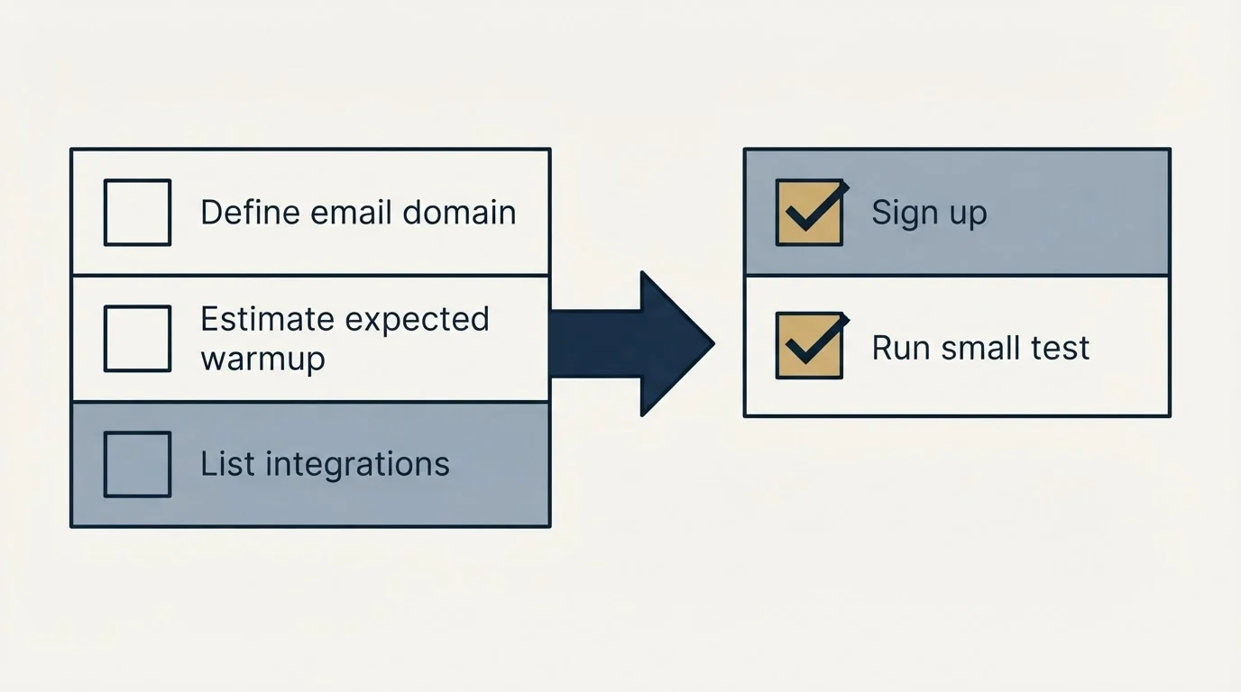 Before-and-after steps: Getting Started Checklist (Define email domain, Estimate expected warmup, List integrations, Sign up)