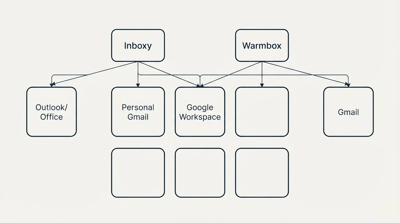 Integration grid: Integration Ecosystem (Inboxy, Warmbox, Google Workspace, Personal Gmail)
