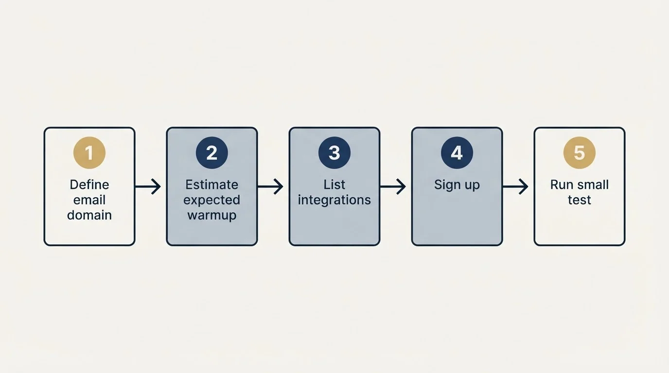 Step sequence: Getting Started Checklist (Define email domain, Estimate expected warmup, List integrations, Sign up)