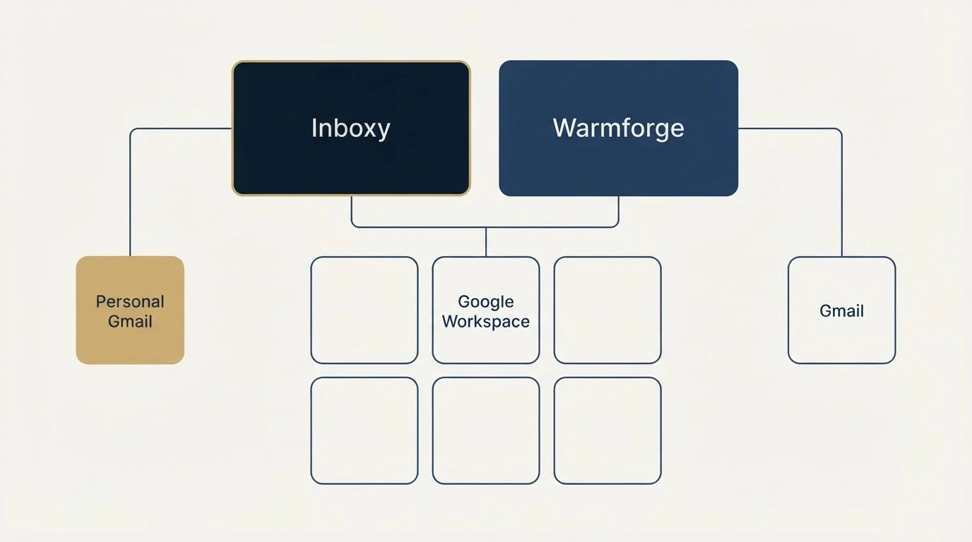 Integration grid: Integration Ecosystem (Inboxy, Warmforge, Google Workspace, Personal Gmail)