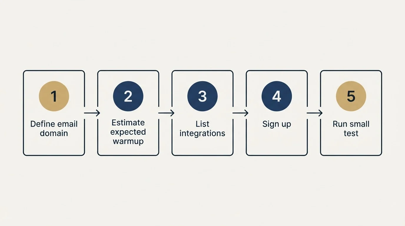 Step sequence: Getting Started Checklist (Define email domain, Estimate expected warmup, List integrations, Sign up)
