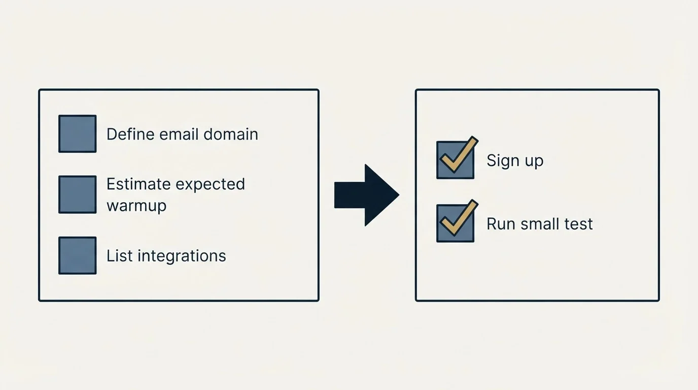 Before-and-after steps: Getting Started Checklist (Define email domain, Estimate expected warmup, List integrations, Sign up)