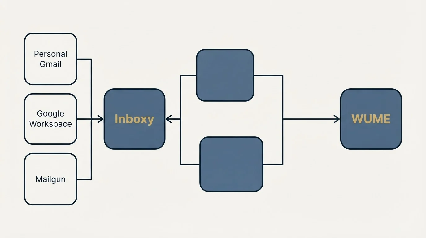Integration flow: Integration Ecosystem (Inboxy, WUME, Personal Gmail, Google Workspace)