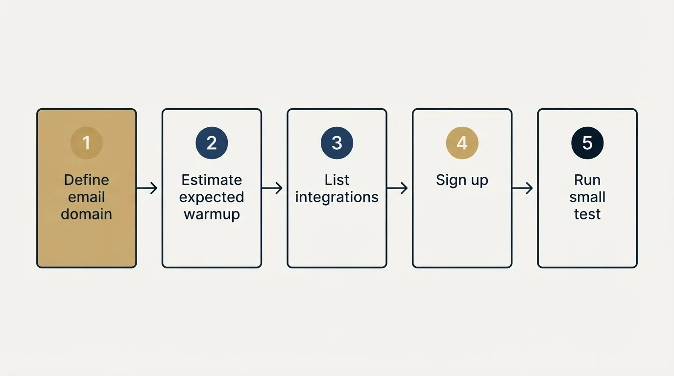 Step sequence: Getting Started Checklist (Define email domain, Estimate expected warmup, List integrations, Sign up)