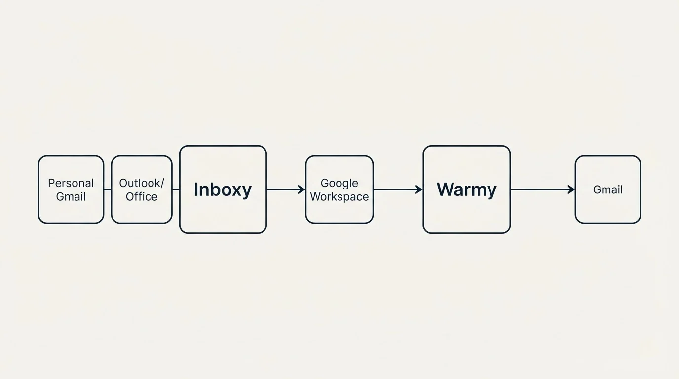 Integration schematic: Integration Ecosystem (Inboxy, Warmy, Google Workspace, Personal Gmail)