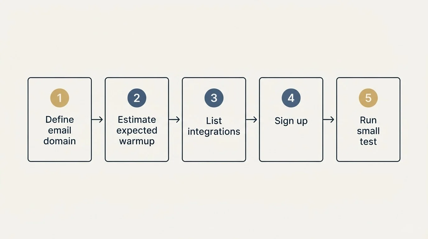Step sequence: Getting Started Checklist (Define email domain, Estimate expected warmup, List integrations, Sign up)