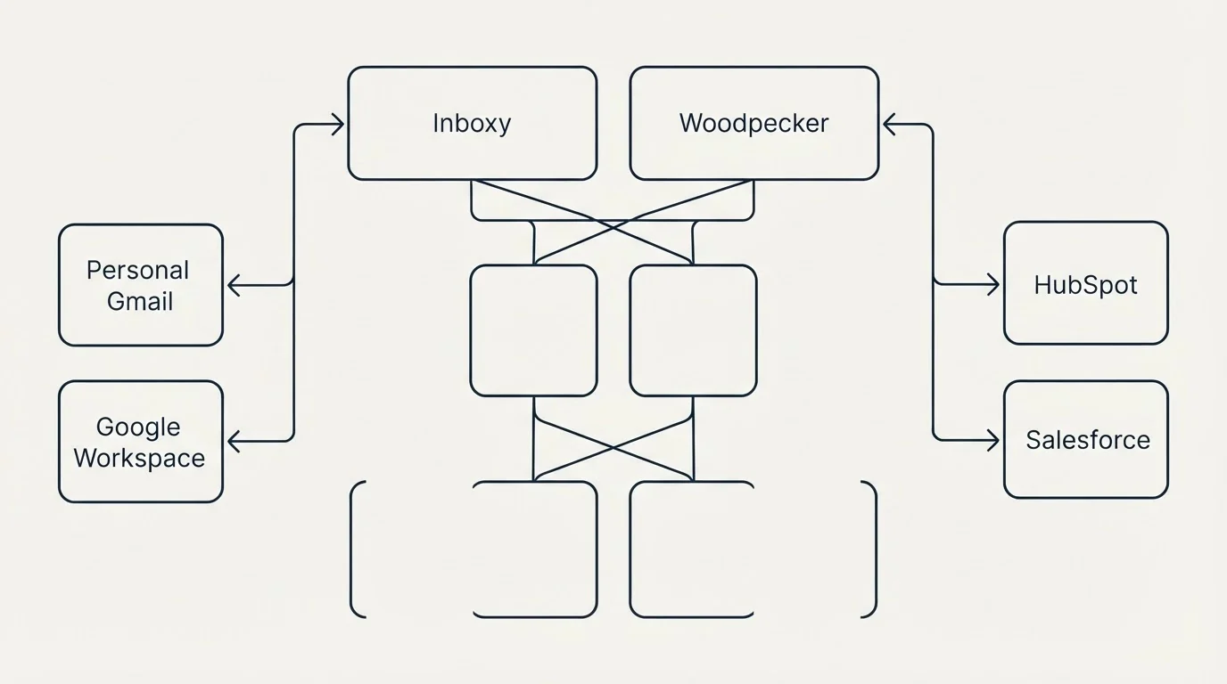 Integration grid: Integration Ecosystem (Inboxy, Woodpecker, Personal Gmail, HubSpot)