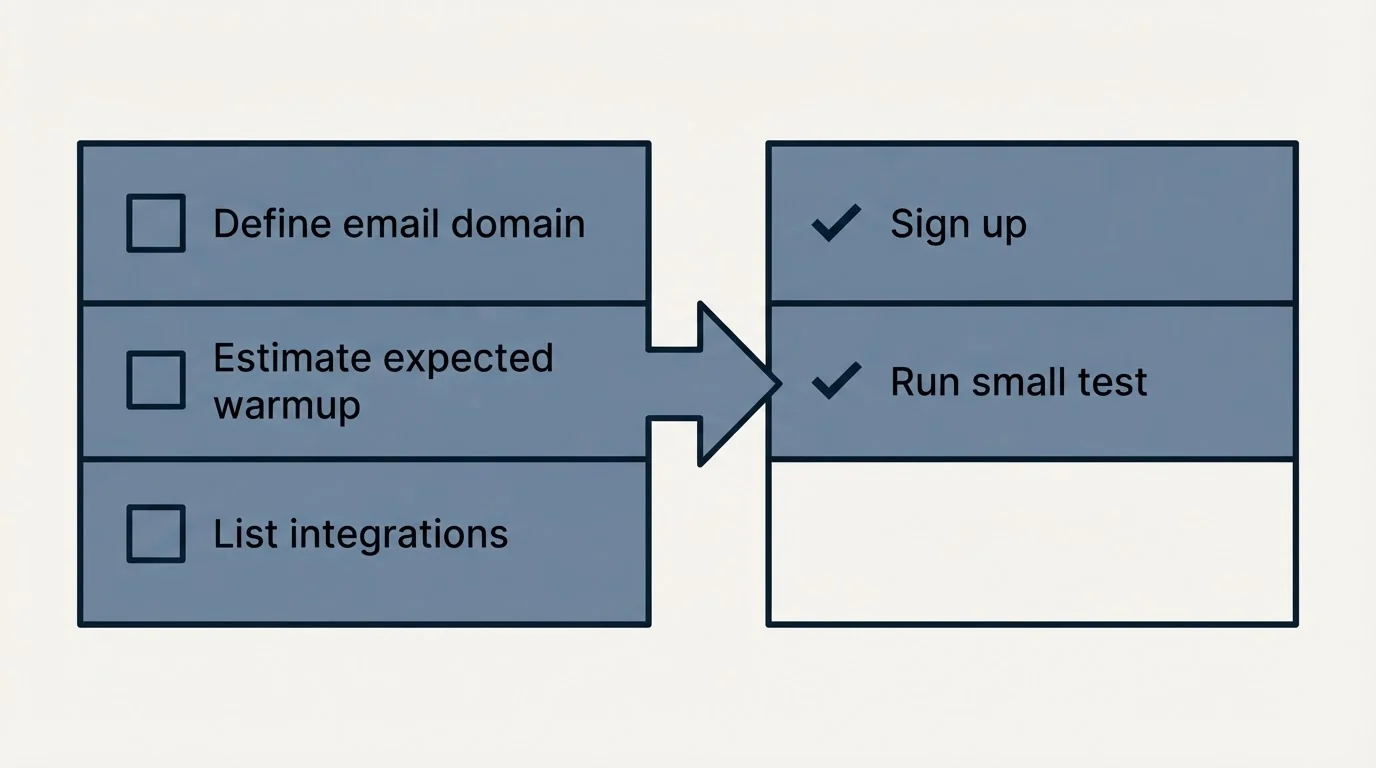 Before-and-after steps: Getting Started Checklist (Define email domain, Estimate expected warmup, List integrations, Sign up)