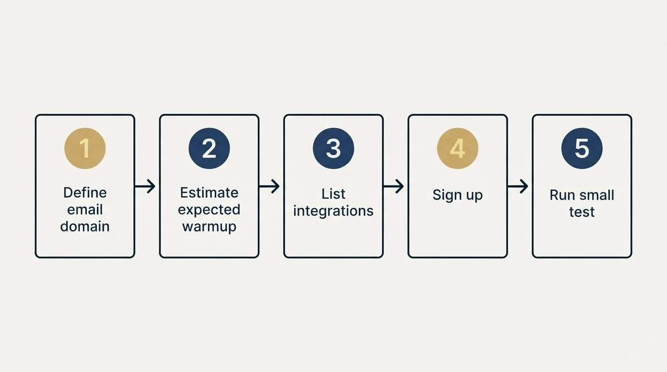 Step sequence: Getting Started Checklist (Define email domain, Estimate expected warmup, List integrations, Sign up)