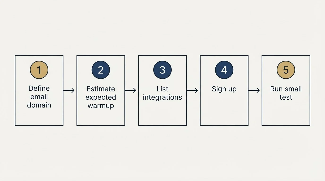 Step sequence: Getting Started Checklist (Define email domain, Estimate expected warmup, List integrations, Sign up)