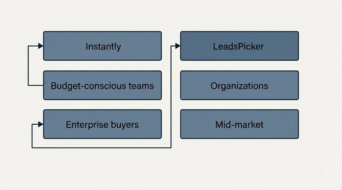 Two-column comparison: Use Case Recommendations (Instantly, LeadsPicker, Budget-conscious teams, Organizations)