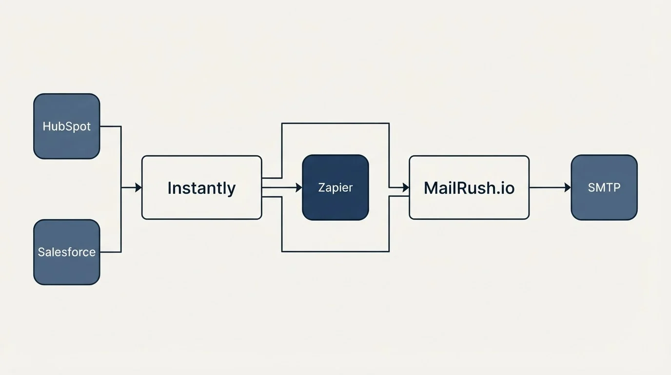 Integration flow: Integration Ecosystem (Instantly, MailRush.io, Zapier, HubSpot)